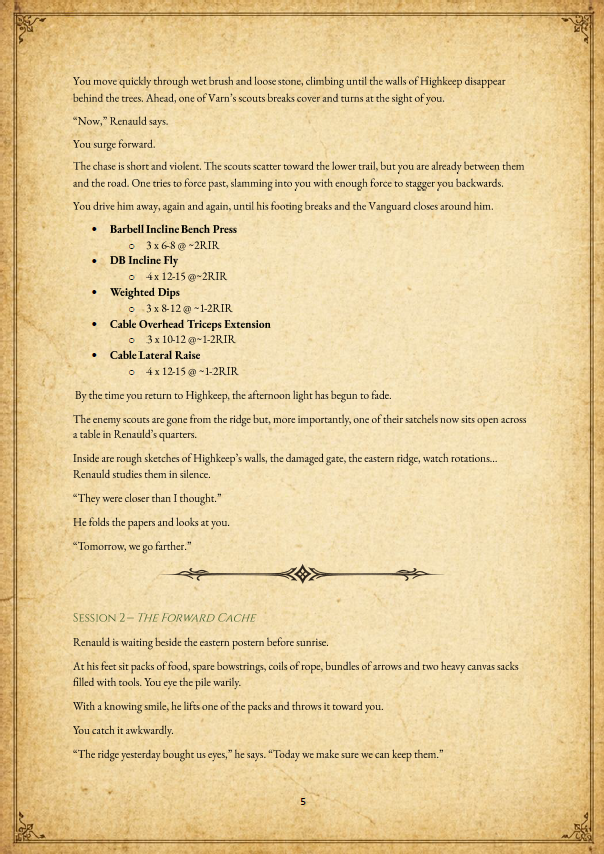 Workout page from The Battle for Highkeep Hold