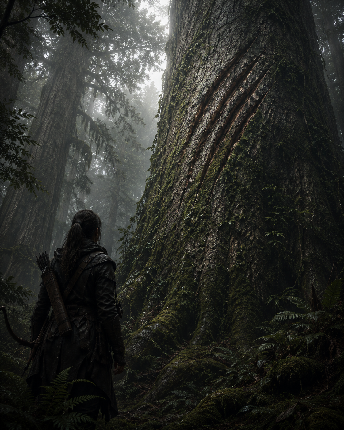 A lone monster hunter studies a misty forest from a woodland camp