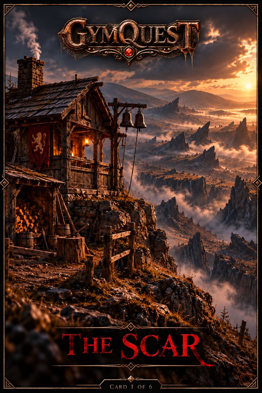 The Scar lore card front, showing a broken wasteland of black ridges beneath a red sky