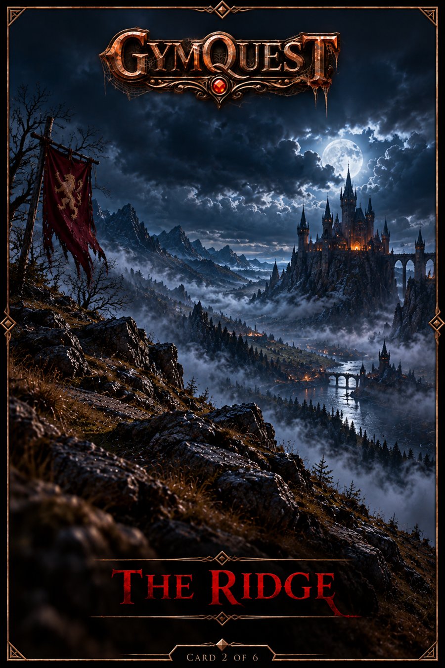 The Ridge lore card front, showing an ancient castle above mist-covered peaks