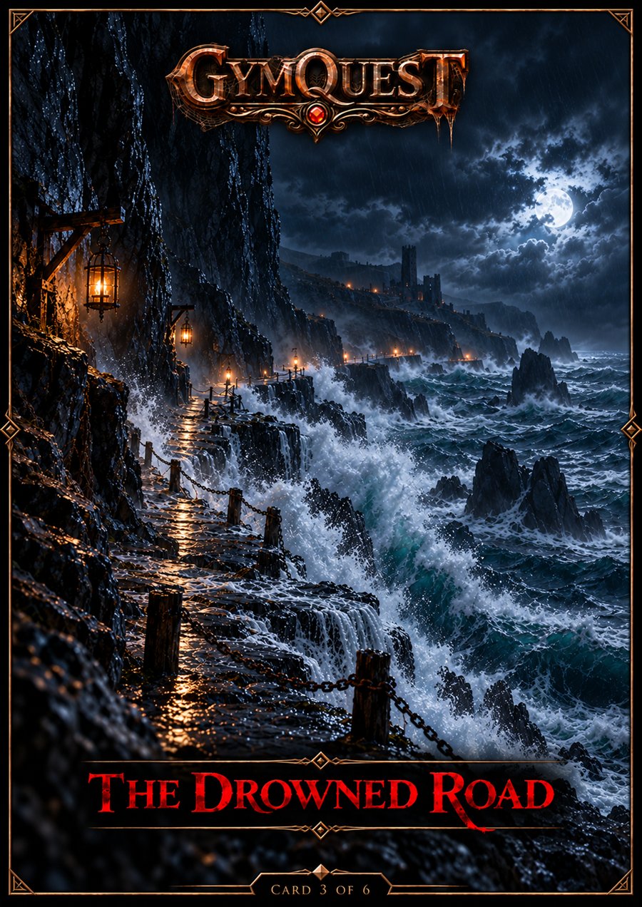 The Drowned Road lore card front, showing a narrow moonlit route above violent coastal waters
