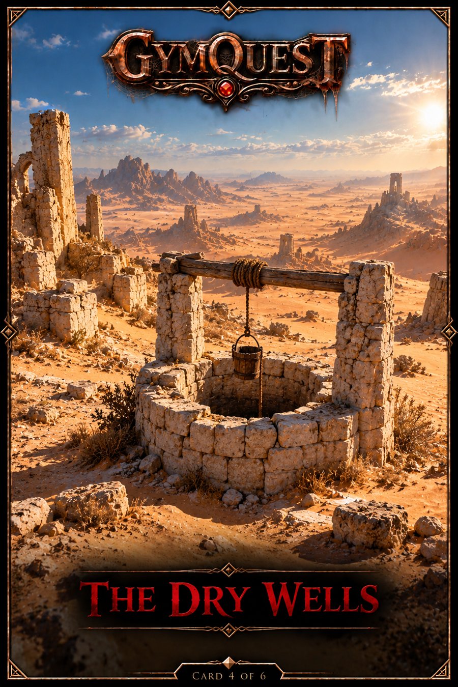 The Dry Wells lore card front, showing an ancient stone well amid Emberlands ruins